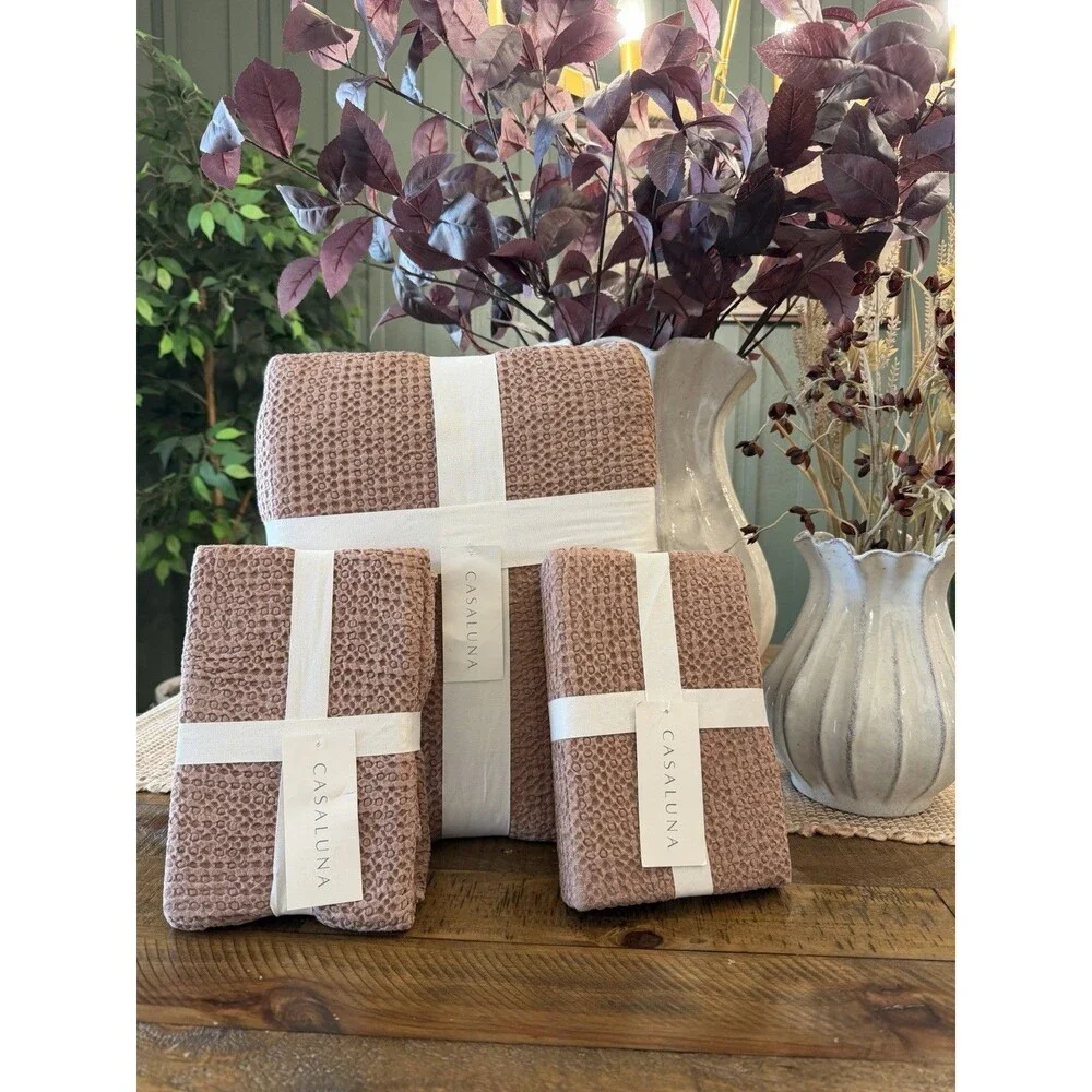 SET King Textured Waffle Coverlet & 2 Euro Shams Brown - Casaluna NEW